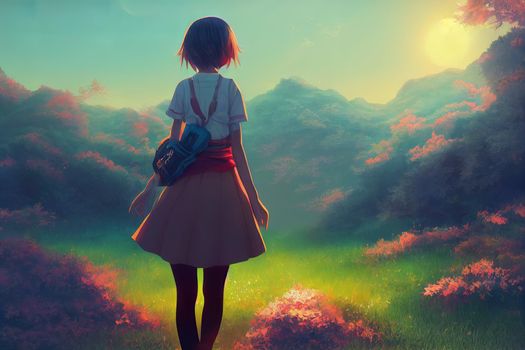 Anime girl with short hair fantasy digital art landscape 3D Illustration wallpaper 2022