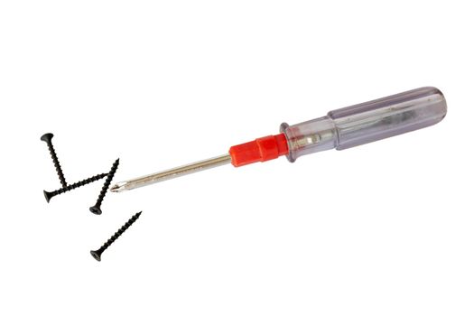 Screwdriver with black screw on white isolated background