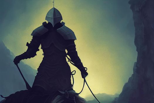 a knight with his horse standing on the dark skull cliff, digital art style, illustration painting
