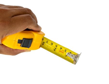 Measuring tape holding in hand on white isolated background