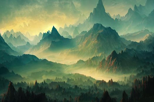 The Mountains. Fantasy Fiction Natural Backdrop. Concept Art. Realistic Illustration. Video Game Digital CG Artwork. Nature Scenery.