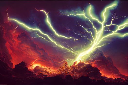 The god of thunder Thor makes a crushing blow with a hammer, smashing the army of demons into pieces, from his blow a trail of lightning and sparks was created, creating a huge vortex of vokurg. 2d