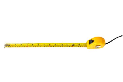 Yellow measuring tape open on a white background