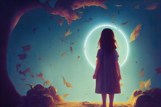 Book of Imagination and a girl. Fantasy art. Concept idea of education, kid, child dream, inspiration, creative, adventure and lerning. Conceptual 3d illustration. Surreal painting.