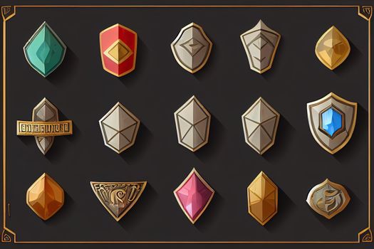 Stone game UI set, rock medieval menu frame, sign board, gemstone button, knight flag, shield. Fantasy RPG panel kit, user interface design element, victory badge, store window. Stone game icon