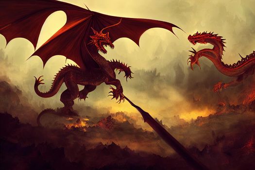 The heroic warrior bravely faced the dragon, digital painting.