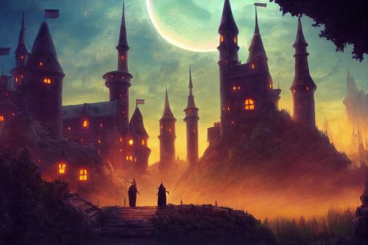 The Entrance of Magic School. Wizard Academy. Fantasy Castle and Town Backdrop. Medieval Scenery. Concept Art. Realistic Illustration. Video Game Digital CG Artwork Background.