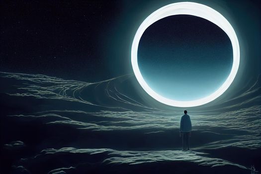 Young man in white looking down at the glowing little planet on the ground, digital art style, illustration painting