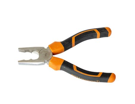 Plier with orange and black rubber handles on white isolated background