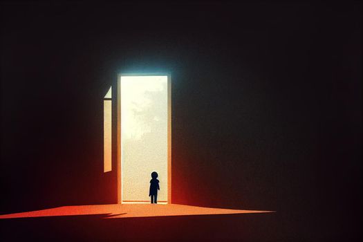 child standing in a dark place and opening a door lit from within, digital art style, illustration painting
