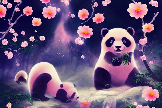 A fantasy japan panda with flowers and a beautiful magical fairy tale enchanted forest. Artistic abstract beautiful nature. Perfect for phone wallpaper or for posters.