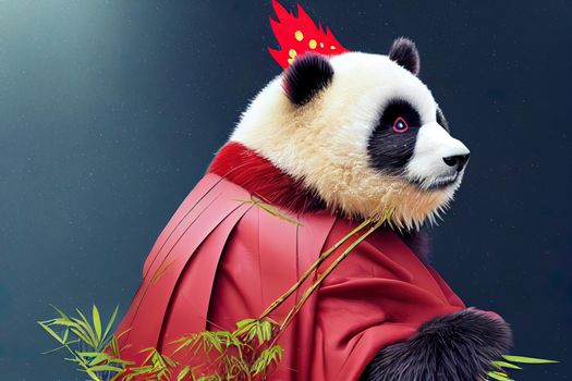 A fantasy Japanese panda dressed as a cardinal in a magical enchanted place. Artistic abstract beautiful animal. Perfect for phone wallpaper or for posters. 3D Rendering. 3D Illustration