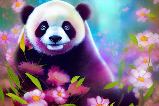 A fantasy Japanese panda in the midst of colorful flowers in a magical enchanted place. Artistic abstract beautiful animal. Perfect for phone wallpaper or for posters. 3D Rendering. 3D Illustration