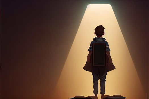 Boy standing on the opened giant book with fantasy light, digital art style, illustration painting