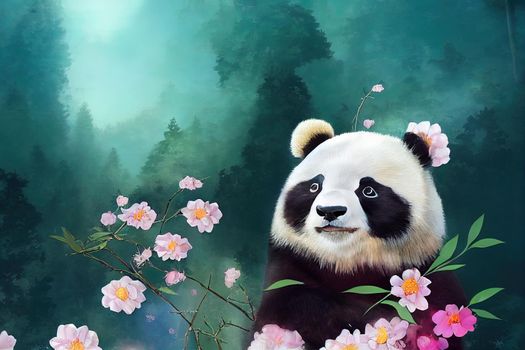 A fantasy japan panda with flowers and a beautiful magical fairy tale enchanted forest. Artistic abstract beautiful nature. Perfect for phone wallpaper or for posters.