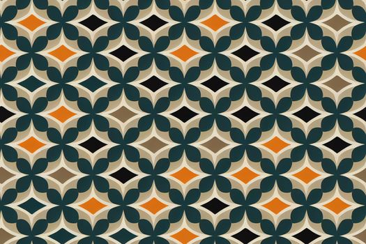 Abstract geometric mandala seamless pattern in white green blue orange. Textile printing, interior design, wallpaper.
