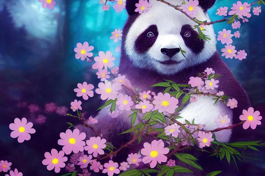 A fantasy japan panda with flowers and a beautiful magical fairy tale enchanted forest. Artistic abstract beautiful nature. Perfect for phone wallpaper or for posters.