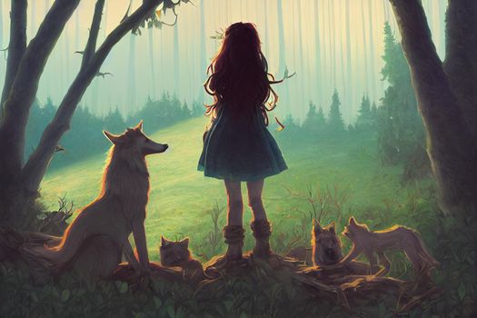 wild girl with her wolf standing in the forest, digital art style, illustration painting