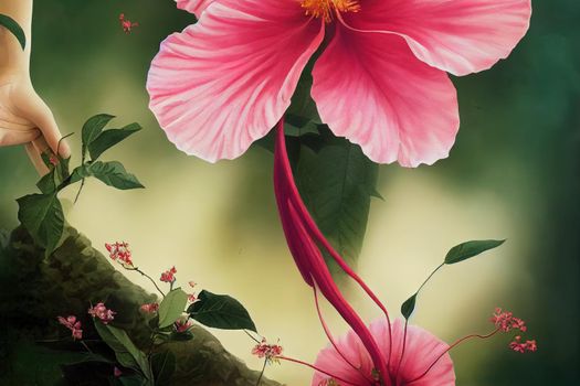 An asian female was spotted in an enchanted forest full of whimsical flowers including a hibiscus which she holds in her hand.