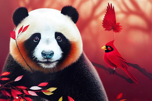 A fantasy Japanese panda dressed as a cardinal in a magical enchanted place. Artistic abstract beautiful animal. Perfect for phone wallpaper or for posters. 3D Rendering. 3D Illustration
