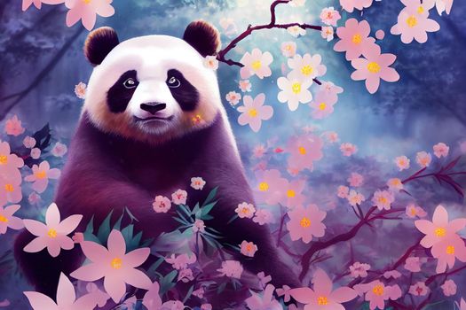 A fantasy japan panda with flowers and a beautiful magical fairy tale enchanted forest. Artistic abstract beautiful nature. Perfect for phone wallpaper or for posters.