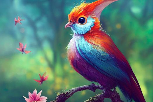 A fantasy portrait of an unusual bird in a fairy tale elfin forest. Fabulous flower garden and cute fantasy birds. Concept of a colorful magic bird. Perfect for phone wallpaper or for posters.