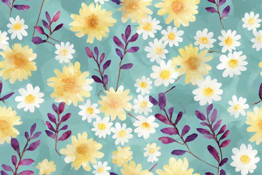 Watercolor seamless pattern. Branch with berry Watercolor background, drawing with autumn leaves, plants, berries, branches of linden, aspen.Chamomile flower, calendula. Abstract background.thickets