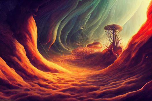 digital illustration of fantasy environment background in hell with larva
