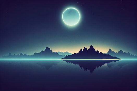 Futuristic night landscape with abstract landscape and island, moonlight, shine. Dark natural scene with reflection of light in the water, neon blue light. 3D illustration
