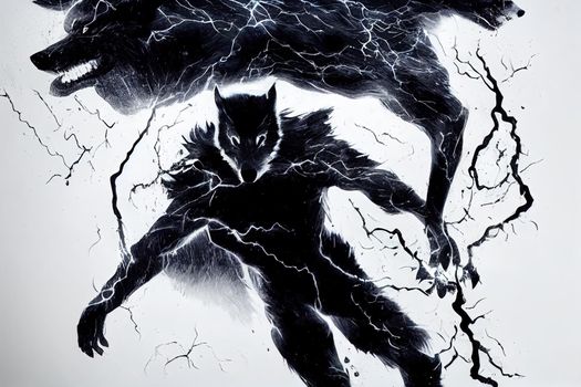A dark silhouette with an electric wolf warrior, he is a child with incredible elemental power, a magic sword sparkling with lightning in his hand, a destructive storm is raging behind him 2d art