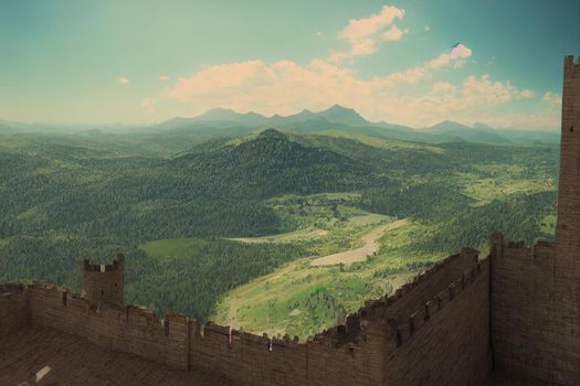View from a balcony of a castle at the top of the mountain in a beautiful day. 3D rendering
