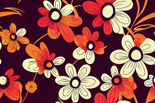 1970 Daisy Flowers, Trippy Grid, Wavy Swirl Seamless Pattern Set in Orange, Pink Colors. Hand Drawn Illustration. Seventies Style, Groovy Background, Wallpaper. Flat Design, Hippie Aesthetic.