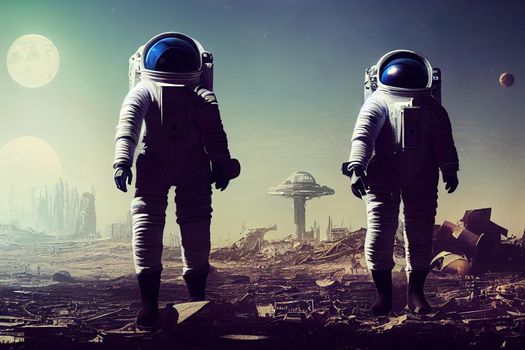 Astronaut exploring invaded ruins 3D illustration of science fiction space suit wearing character standing amid rubble in war torn futuristic city with giant space ship in the sky above