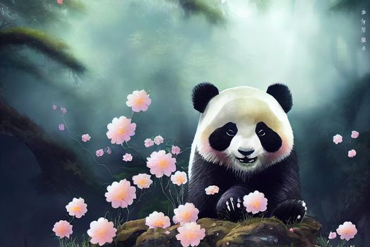 A fantasy japan panda with flowers and a beautiful magical fairy tale enchanted forest. Artistic abstract beautiful nature. Perfect for phone wallpaper or for posters.