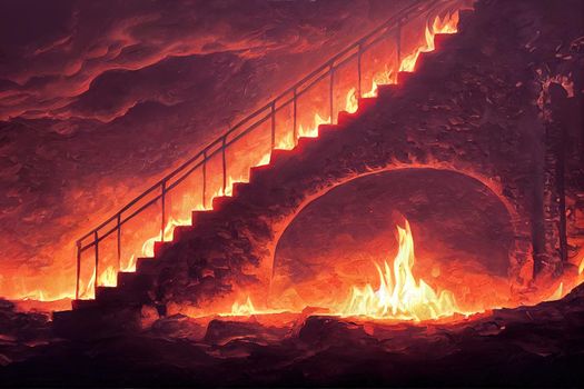 The eternal fire, dark atmospheric landscape with stairs to ancient columns and font of fire, fantasy background