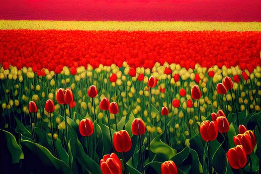 Beautiful bright red tulip in the middle of a field with bright red tulips. Focused on the red tulip
