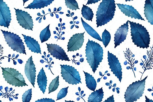 Winter Seamless Pattern of Watercolor Blue Leaves and Little Berries