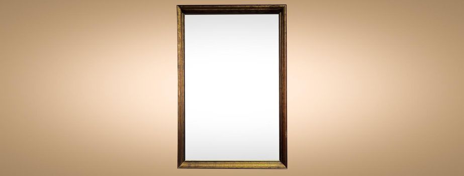 Antique art fair gallery frame on beige wall at auction house or museum exhibition, blank template with empty white copyspace for mockup design, artwork concept