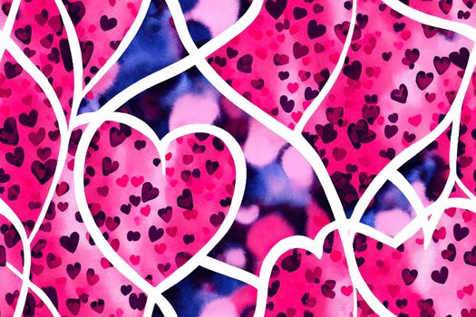 Abstract pink watercolor hearts pattern with leopard print. Valentines Day seamless background.