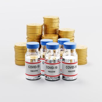 Covid 19 Vaccine Bottles ahead of Stacks of Golden Coins on Light Gray Background 3D Render Illustration