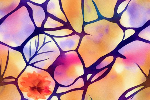 Autumn watercolor floral arrangement, seamless pattern. Background with flowers, leaves, hexagon, circles filled with marbling texture. Hand drawn watercolour art illustration for fall design.