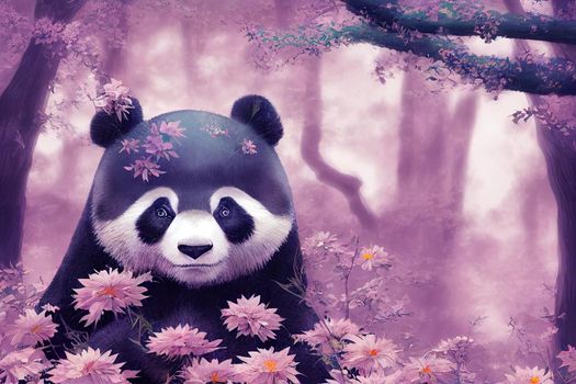 A fantasy japan panda with flowers and a beautiful magical fairy tale enchanted forest. Artistic abstract beautiful nature. Perfect for phone wallpaper or for posters.