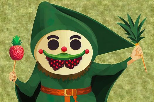 Cartoon kiwi fruit wizard or magician character. Funny sorcerer, magic personage in green hat and cape. Smiling wiz with cute face and arms akimbo. Tropical fruit enchanter or necromancer