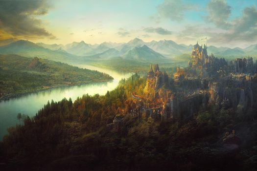 fantasy landscape castle from hill. High Quality Illustration