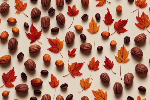 Autumn pattern with maple leaves, cinnamon, chestnuts, berries and coffee beans. Seamless design on white isolated background. Perfect for farmhouse and cottage core styles. For fabric, wrapping paper