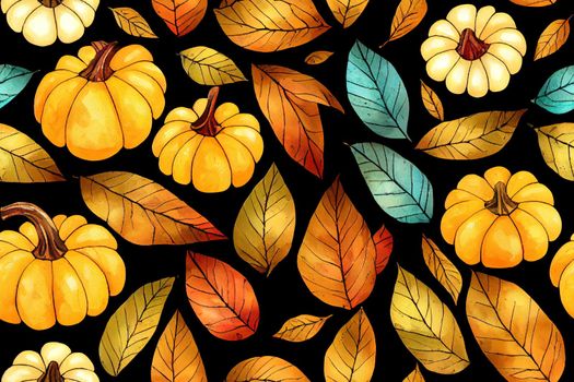 Watercolor colorful pattern of various autumn elements. Pumpkin, mushroom, leaves, wooden circle and lettering on a dark background. Pattern for various festive products.