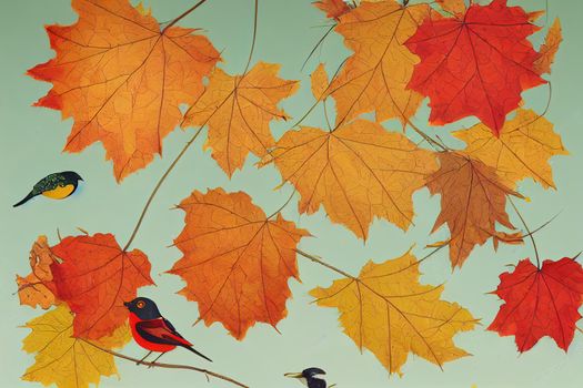 Autumn illustration of mail box with letter, yellow maple leaf, autumn branches with leaves and berries and little bird on white background