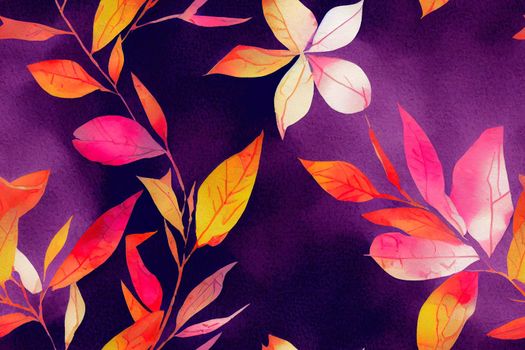 Watercolor seamless pattern, background with vintage pattern. Pink, yellow bush, tree, beautiful autumn landscape in pink, purple color. On a black background. Stylish fashion illustration.