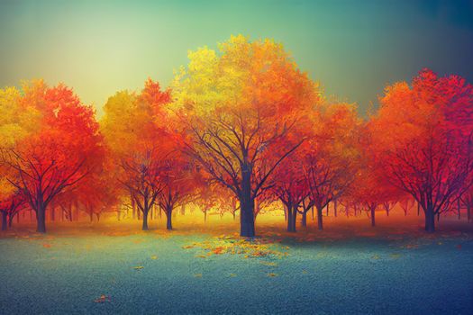 Autumn decoration background with trees house cartoon style, copy space text, 3d rendering illustration