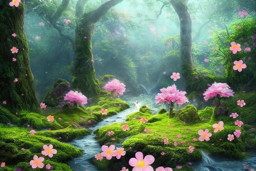 A fantasy japan kitty with flowers and a beautiful magical fairy tale enchanted forest. Artistic abstract beautiful nature. Perfect for phone wallpaper or for posters.